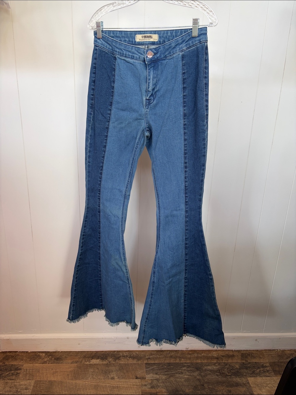 Rock & Roll Denim Two-Tone Blue Bell Bottom Women's Jeans - Retro Panel Detail